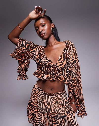 AFRM AFRM ruffle sleeve crop top in ombre zebra - part of a set-Orange