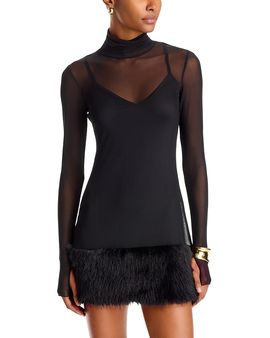 Afrm Afrm Saige Faux Fur Trim Mesh Mini Dress