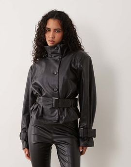 AFRM AFRM Scarlette faux leather funnel neck belted bomber jacket in black - part of a set