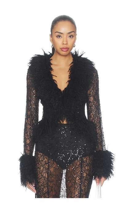 AFRM Simone Beaded Lace Fur Trim Cardigan