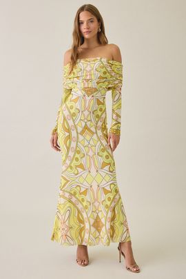 AFRM AFRM Thelma Geo Scarf Mesh Off-The-Shoulder Ruched Maxi Dress in Geo Scarf, Women's at Urban Outfitters