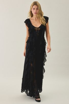 AFRM AFRM Trisa Cappuccino Lace Trim Ruffle Maxi Dress in Black, Women's at Urban Outfitters