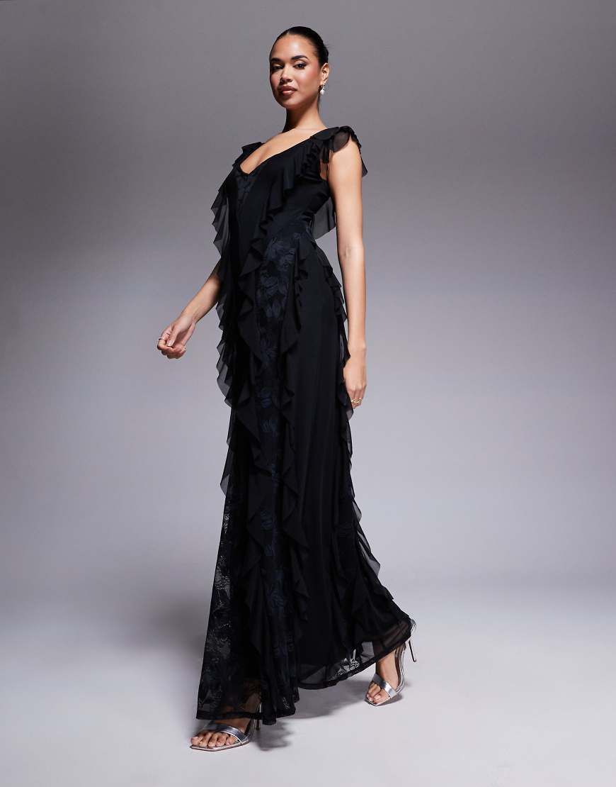 AFRM - Trista mesh ruffle maxi dress with lace panels in black