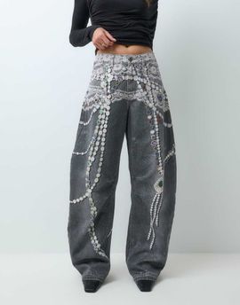 AFRM AFRM Walker cotton printed jewel printed denim barrel pant in gray