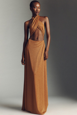 afrm brown dress Afrm Drape Back Mesh Maxi Dress In Brown