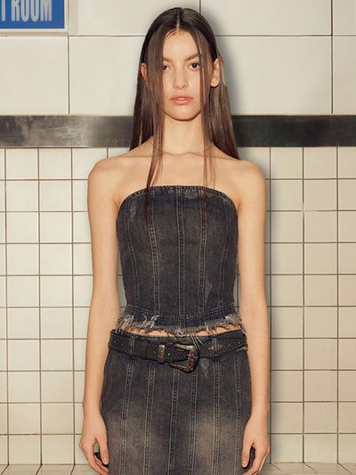AFTERHOURS Denim Panelled Tube Top_Black