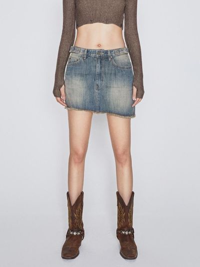 AFTERHOURS Diagonal Cargo Asymmetrical Denim Skirt [INDIGO]