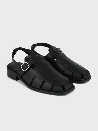 AFTERHOURS Fisherman Synthetic Leather Flat Sandals [Black]