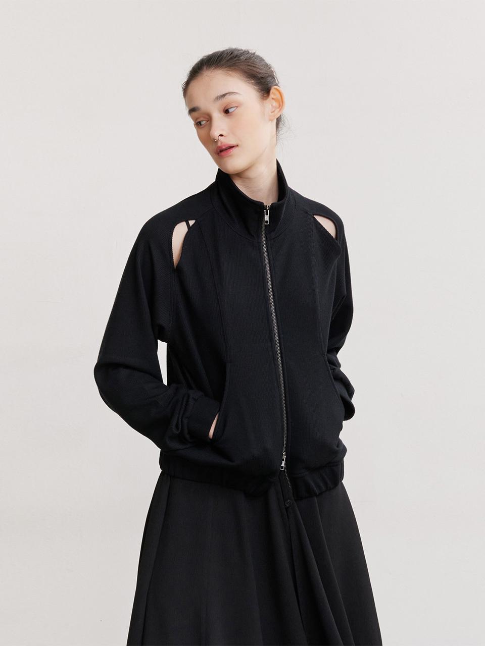 AFTERHOURS High Neck Tencel Rib Cut Out Zip-Up Jacket [BLACK]