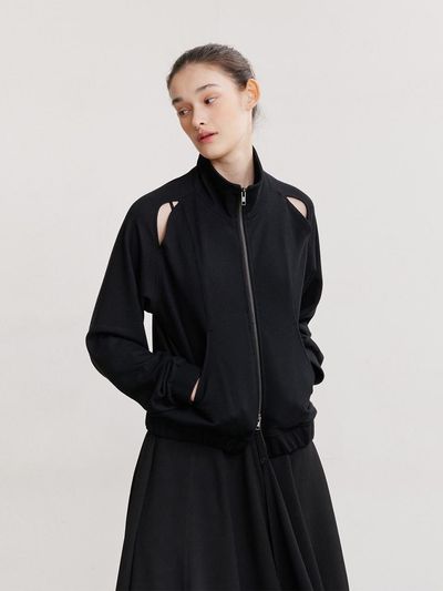 AFTERHOURS High Neck Tencel Rib Cut Out Zip-Up Jacket [BLACK]