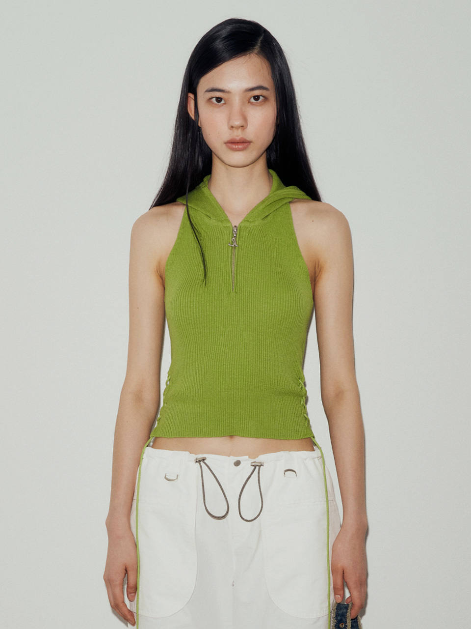 AFTERHOURS Lace-up Halter Hooded Knit Sleeveless_Green