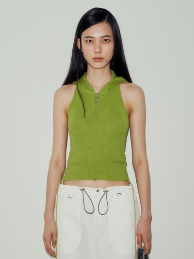 AFTERHOURS Lace-up Halter Hooded Knit Sleeveless_Green