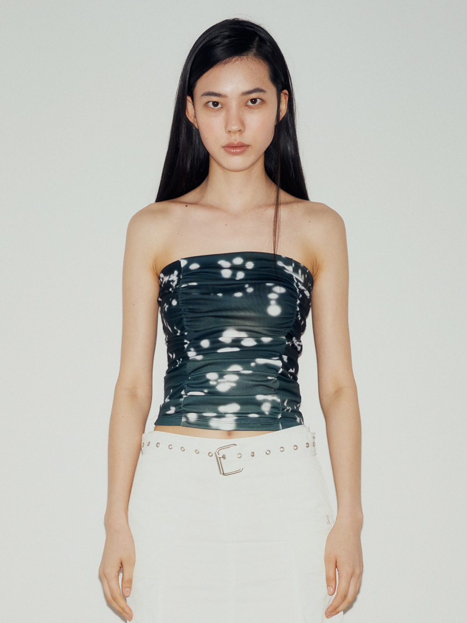 AFTERHOURS Printed Shirring Tube Top_Deep Green