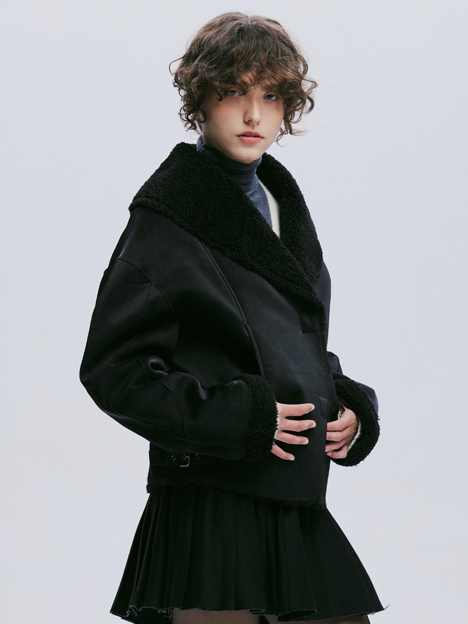 AFTERHOURS Shawl Collar Vegan Leather Fur Jacket [Black]