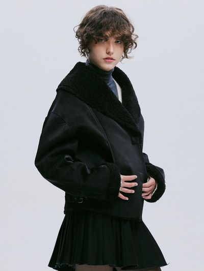 AFTERHOURS Shawl Collar Vegan Leather Fur Jacket [Black]