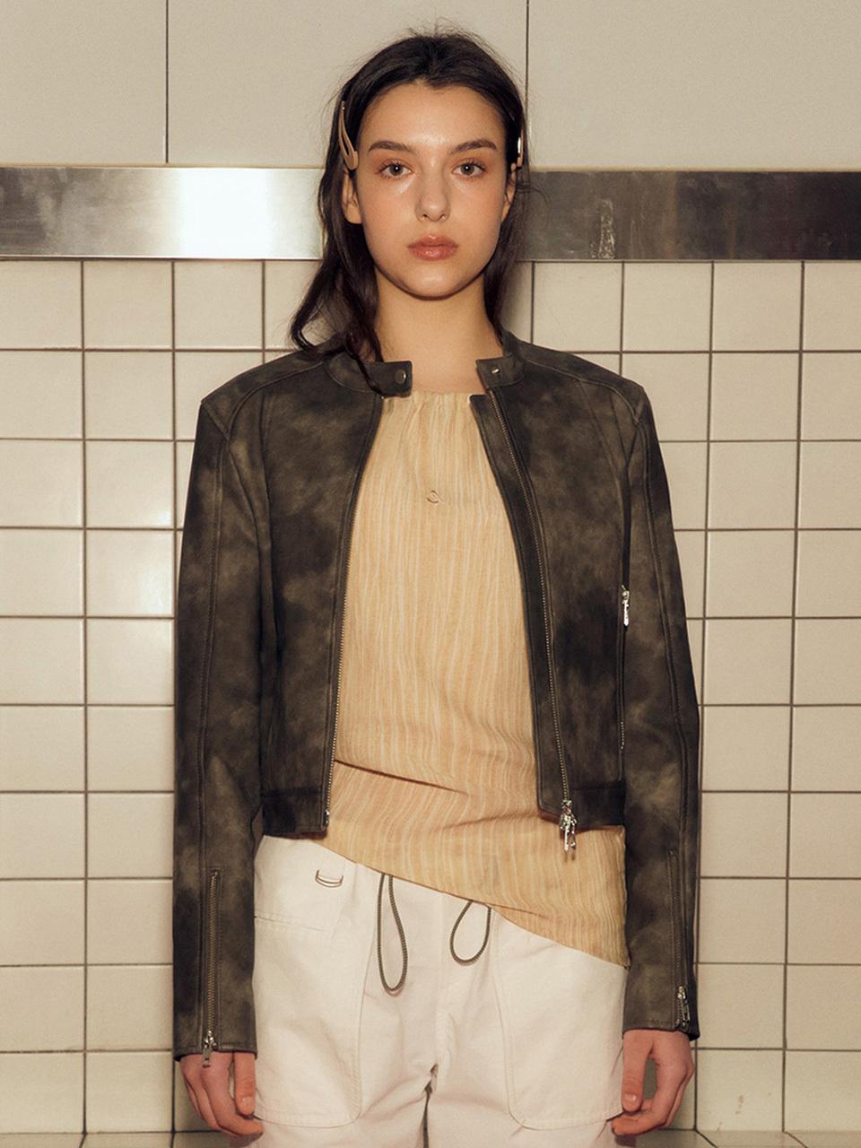AFTERHOURS Vegan Leather Cropped Biker Jacket [Charcoal Brown]