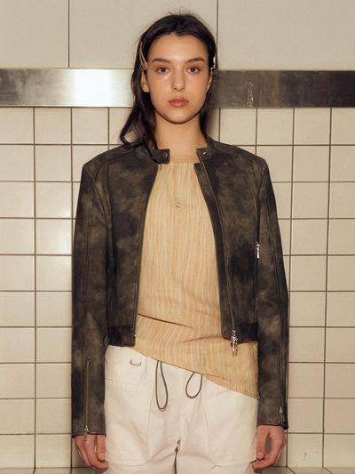AFTERHOURS Vegan Leather Cropped Biker Jacket [Charcoal Brown]