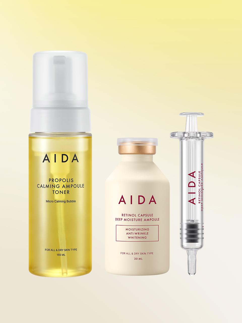 AIDA Perfect Glow Calming Toner Retinol Ampoule Value Set