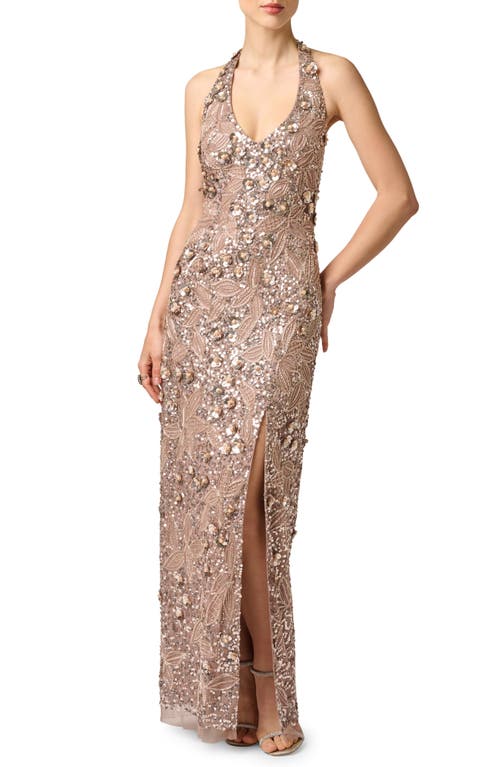 Aidan Mattox Aidan Mattox Sequin & Floral Halter Neck Sheath Gown