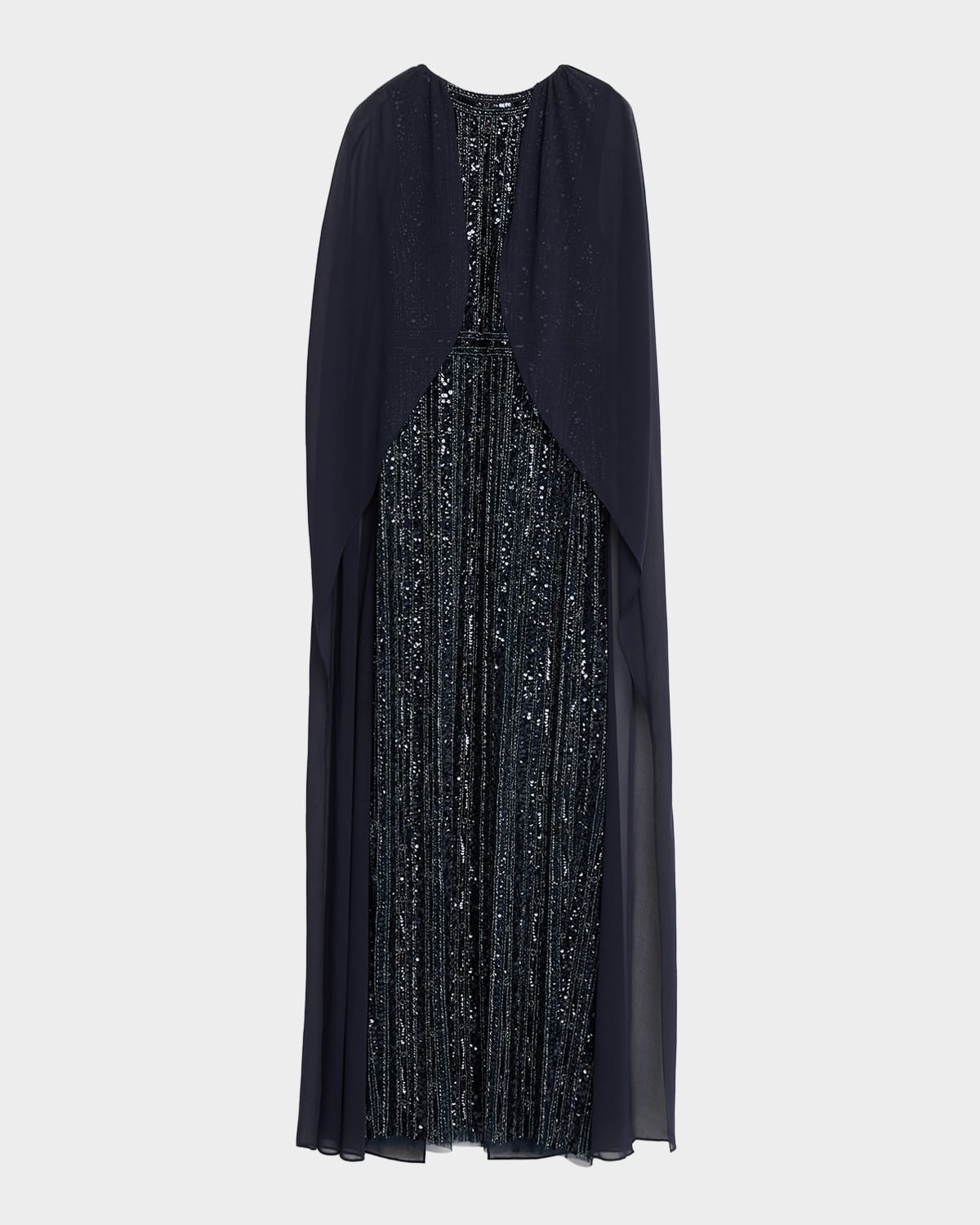 Aidan Mattox Beaded Cape-Sleeve Column Gown