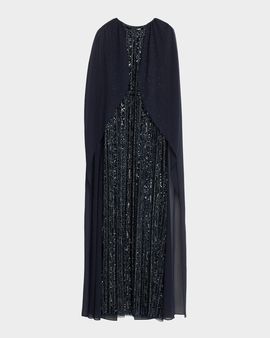 Aidan Mattox Beaded Cape-Sleeve Column Gown