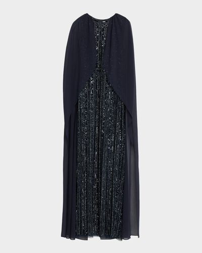 Aidan Mattox Beaded Cape-Sleeve Column Gown