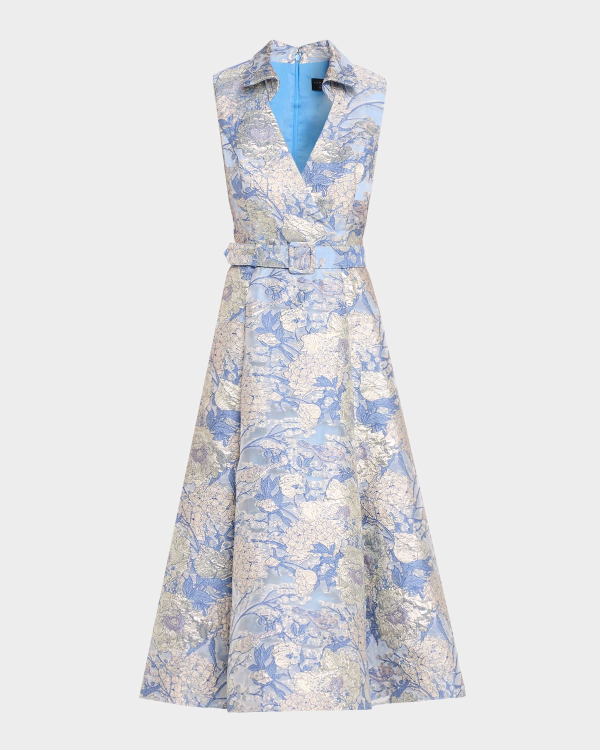 Aidan Mattox Belted Metallic Floral Jacquard Midi Dress