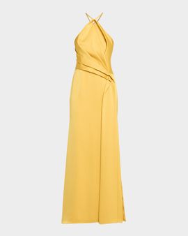 Aidan Mattox Draped Crepe Back Satin Halter Gown