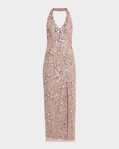 Aidan Mattox Floral Bead and Sequin Halter Column Gown