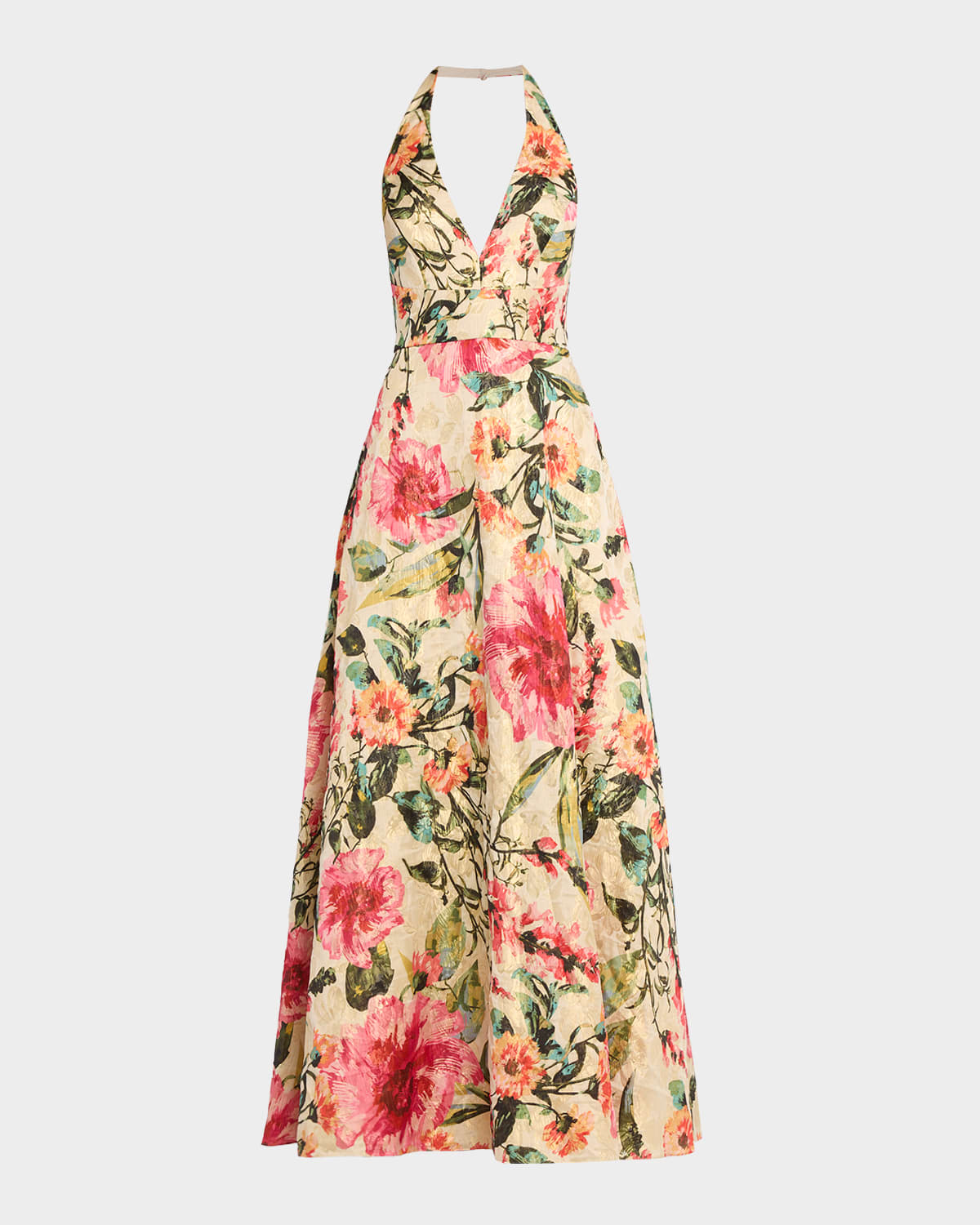 Aidan Mattox Floral Jacquard Plunging Halter Gown