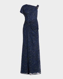 Aidan Mattox Metallic Floral-Embroidered Mesh Gown
