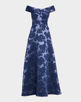 Aidan Mattox Off-Shoulder Floral Jacquard Gown