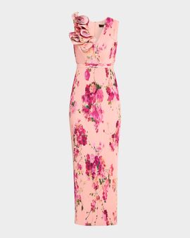 Aidan Mattox Pleated Floral-Print Crepe De Chine Gown