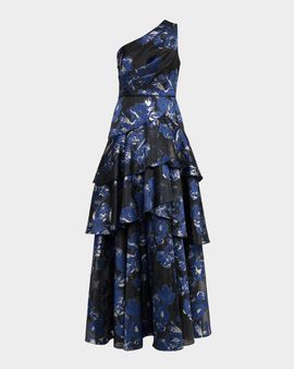 Aidan Mattox Tiered One-Shoulder Floral Jacquard Gown
