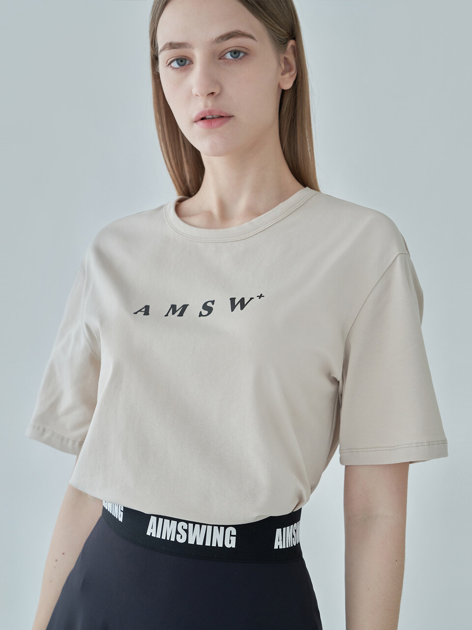 aimswing+8 Oversized Logo Short Sleeved Top (Beige / Green / Black)