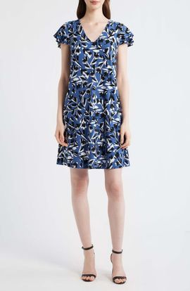 AK ANNE KLEIN AK ANNE KLEIN Abstract Floral Print V-Neck Swing Dress