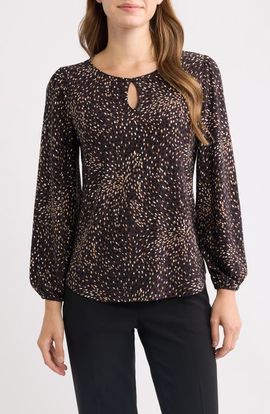 AK ANNE KLEIN AK ANNE KLEIN Dot Print Keyhole Long Sleeve Top