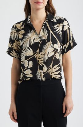 AK ANNE KLEIN AK ANNE KLEIN Floral Print Short Sleeve Button-Up Shirt