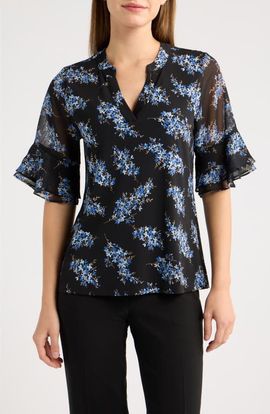 AK ANNE KLEIN AK ANNE KLEIN Floral Ruffle Sleeve Top