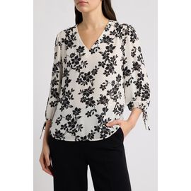 AK ANNE KLEIN AK ANNE KLEIN Floral V-Neck Blouse with Tie Cuffs