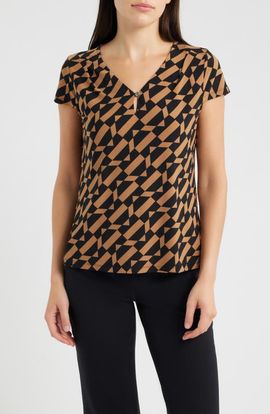 AK ANNE KLEIN AK ANNE KLEIN Geometric Cap Sleeve Pleat Neck Top