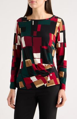 AK ANNE KLEIN AK ANNE KLEIN Geometric Print Ruched Long Sleeve Top