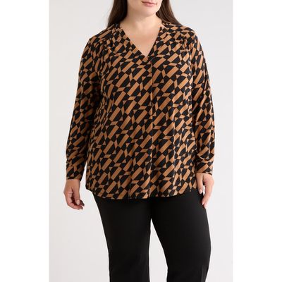 AK ANNE KLEIN AK ANNE KLEIN Geometric Print Split Neck Long Sleeve Top