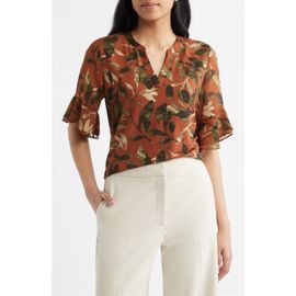 AK ANNE KLEIN AK ANNE KLEIN Leaf Print Ruffle Sleeve Shirt