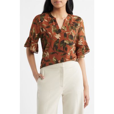 AK ANNE KLEIN AK ANNE KLEIN Leaf Print Ruffle Sleeve Shirt