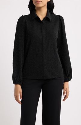 AK ANNE KLEIN AK ANNE KLEIN Metallic Houndstooth Puff Shoulder Top