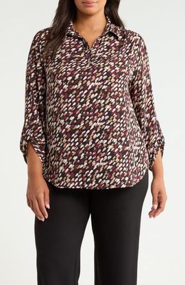 AK ANNE KLEIN AK ANNE KLEIN Print V-Neck Shirt with Roll-Tab Sleeves