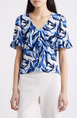 AK ANNE KLEIN AK ANNE KLEIN Ruffle Accent Short Sleeve Button-Up Shirt