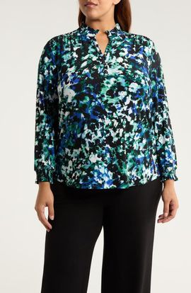 AK ANNE KLEIN AK ANNE KLEIN Ruffle Neck Smocked Cuff Top