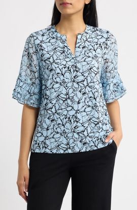 AK ANNE KLEIN AK ANNE KLEIN Ruffled Cuff Elbow Sleeve Split Neck Top